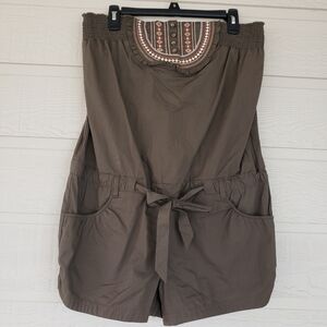 Joit Strapless Embroidered Romper pockets front back Brown Belted Romper…